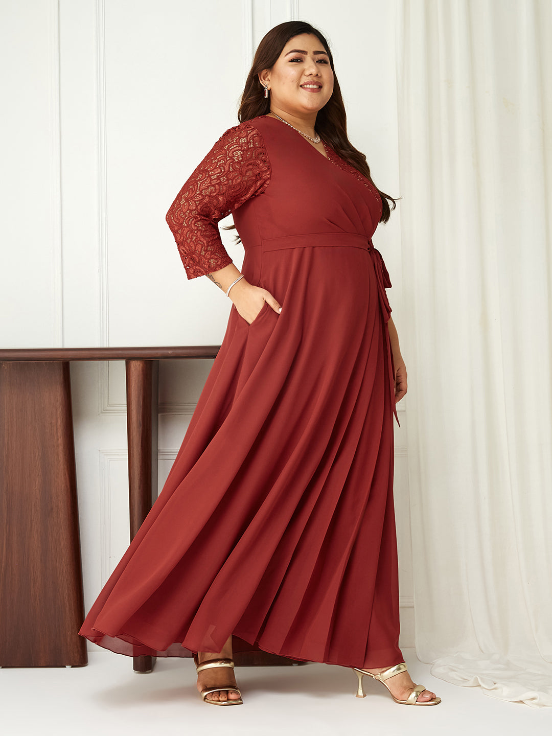 Women's Brick Red V-Neck 3/4 Sleeve Self-Designed Wrap Styled Georgette Maxi Dress