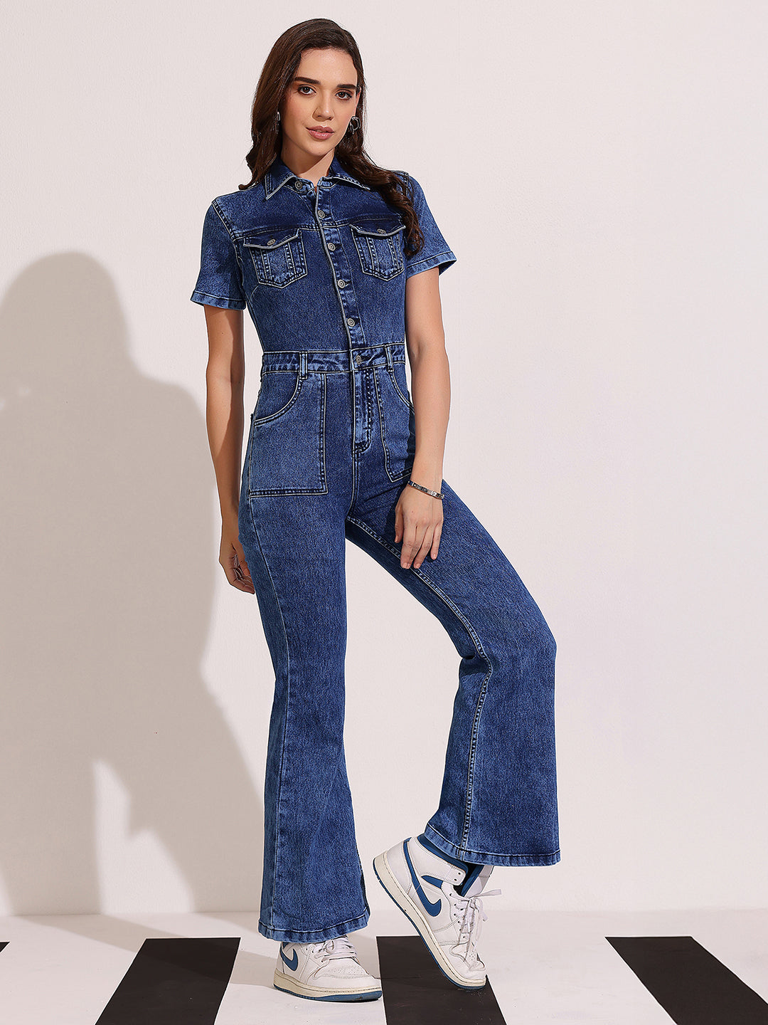 Women's Navy Blue Flared High Rise Regular Stretchable Denim Jumpsuit