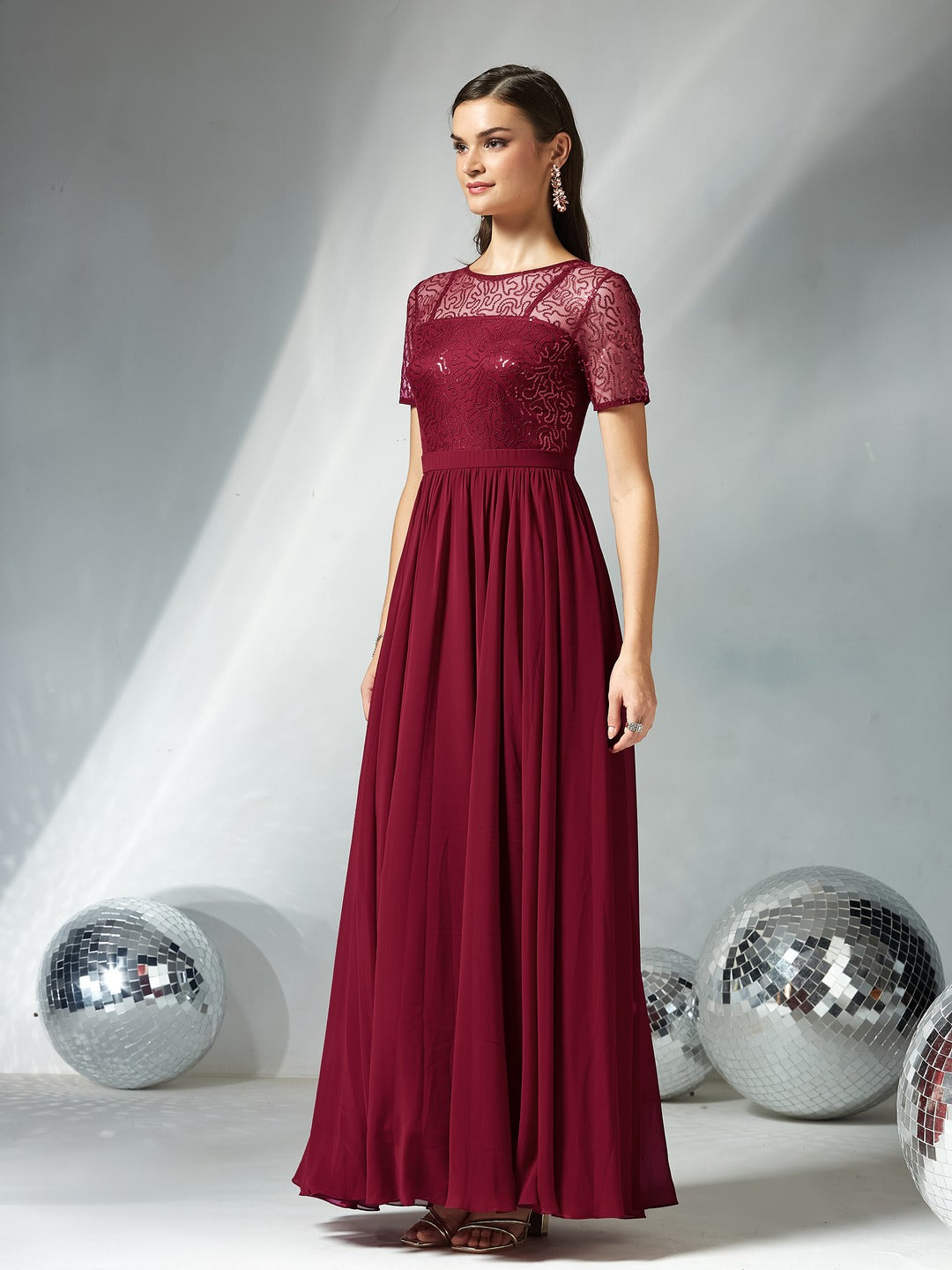 Maroon Relaxed Fit Maxi Georgette & Sequins Dress for Women