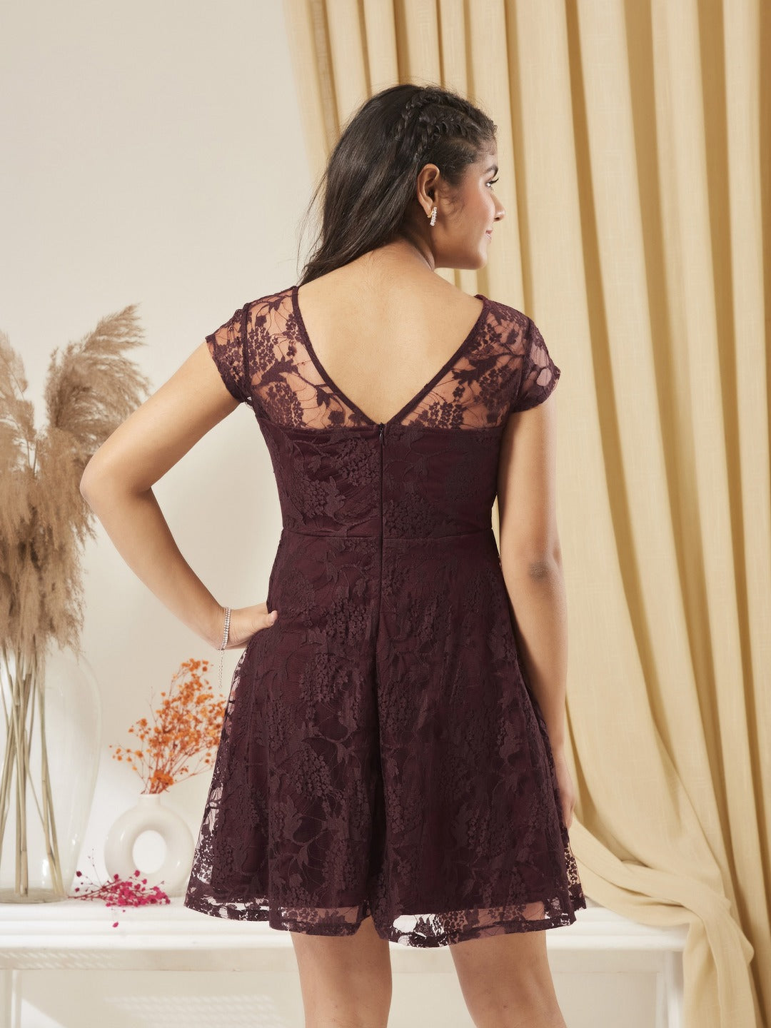 Wine Round Neck Cap Sleeves Lace Knee-Long Skater Dress for Girls/Teenagers