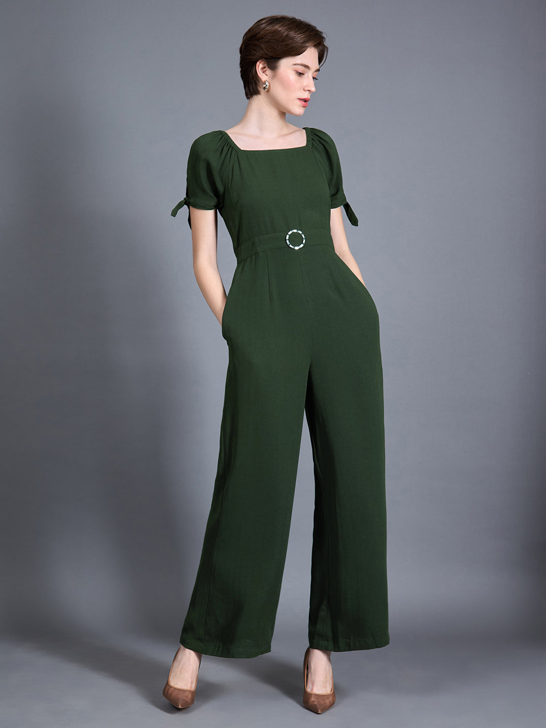 Women's Dark Green Square neck Puff sleeve Solid Wide Leg Regular Jumpsuit