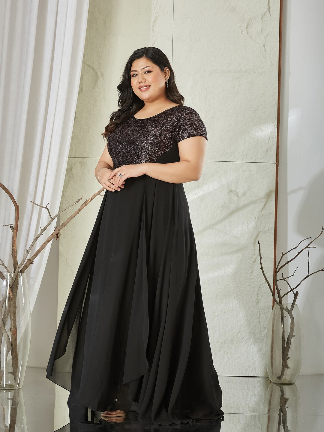 Black Round Neck Short Sleeve Embellished Fit & Flare Maxi Georgette Dress for Women