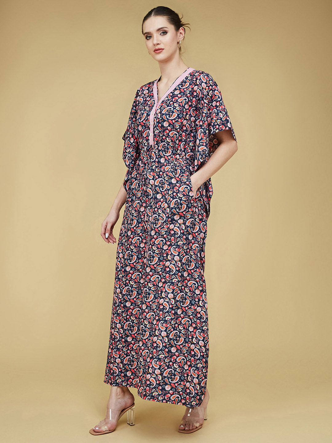 Women's Navy Blue and Pink V Neck 3/4 Sleeve Printed Front Placket Maxi Kaftan Dress