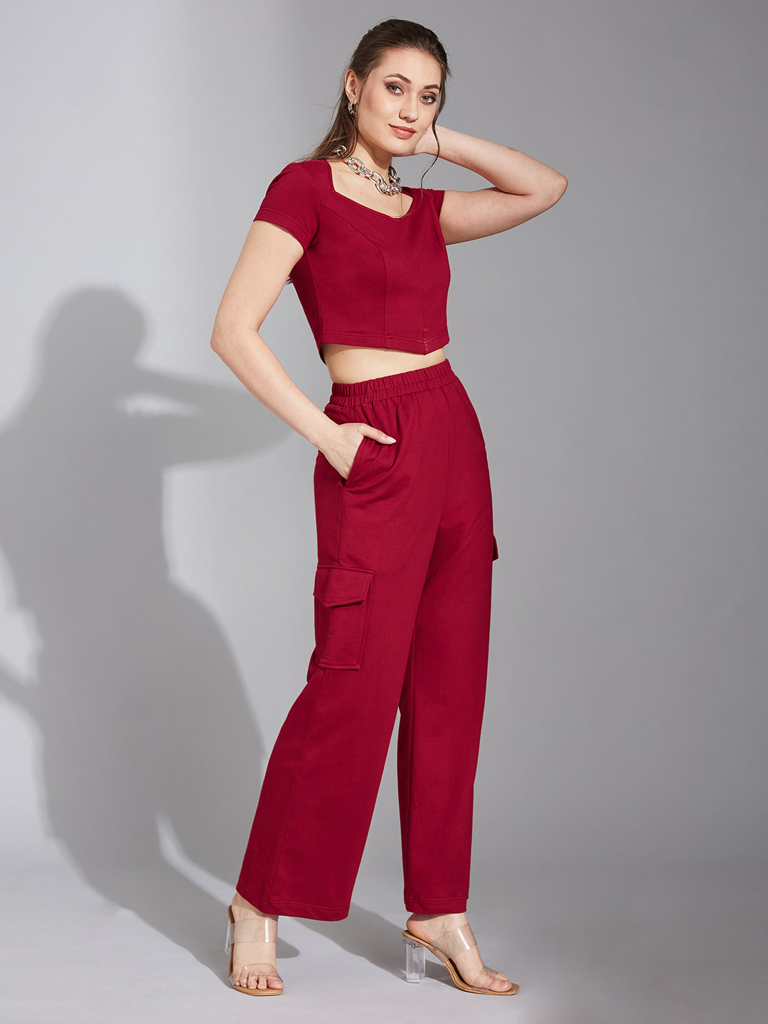 Women's Maroon Wide-Neck Short Sleeve Solid Regular-Length Flap Pocketed Cotton Panelled Co-Ord Set