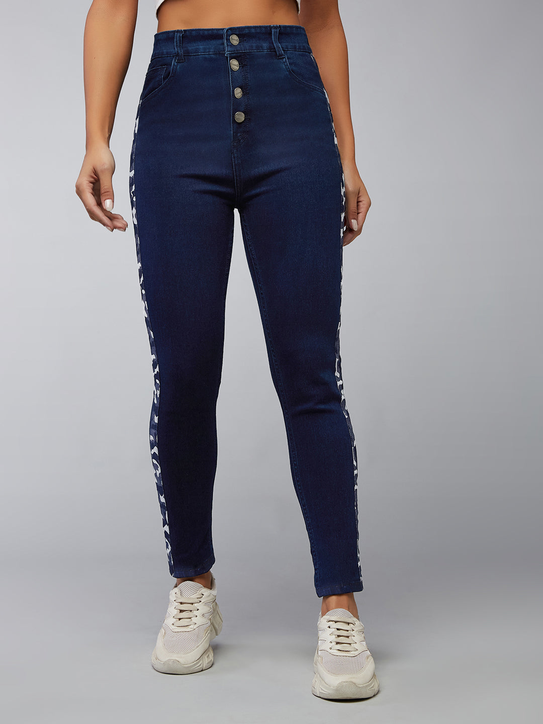 Women's Navy Blue Skinny High Rise Clean Look Printed Fabric Tape Detailing Regular Length Denim Jeans