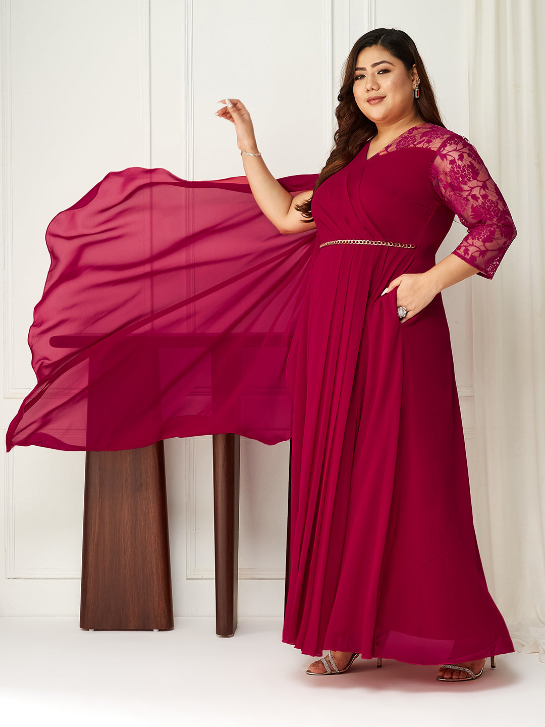 Women's Dark Pink V-Neck Asymmetric Self-Designed Georgette Maxi Dress