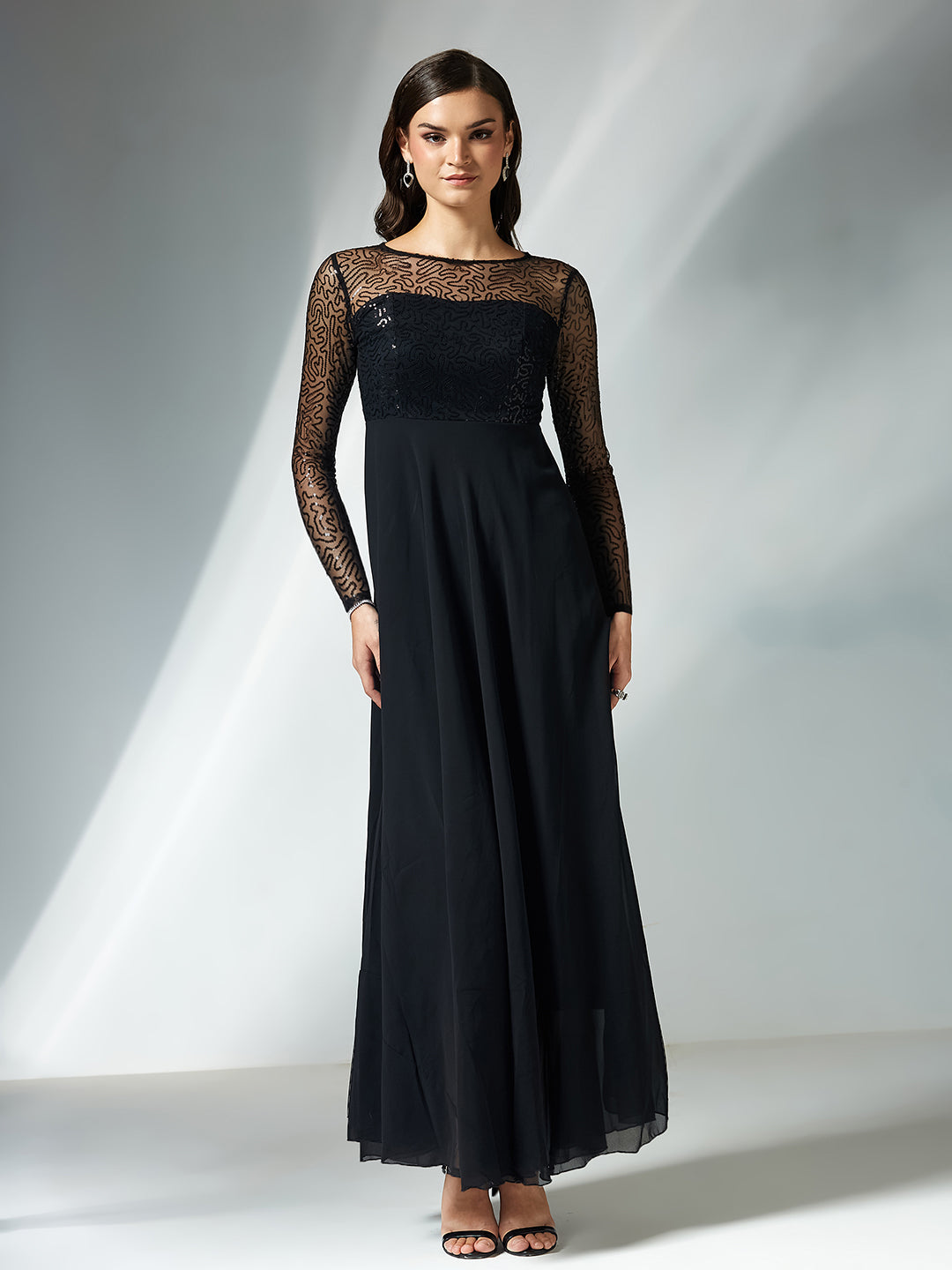 Women's Black Solid Embellished Maxi Dress