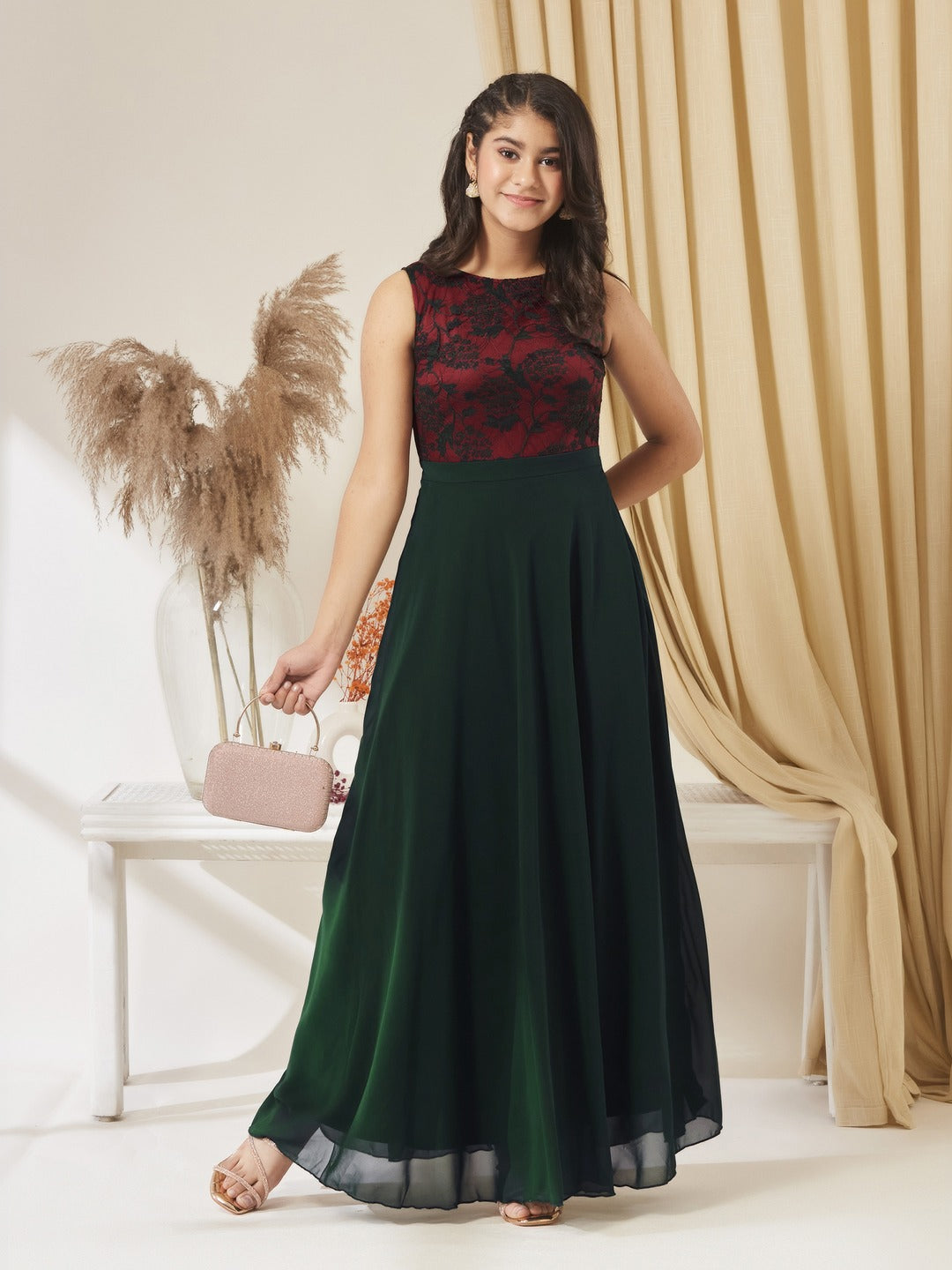 Dark Green Round Neck Sleeveless Georgette Floral Lace Fit & Flare Maxi Dress for Girls/Teenagers