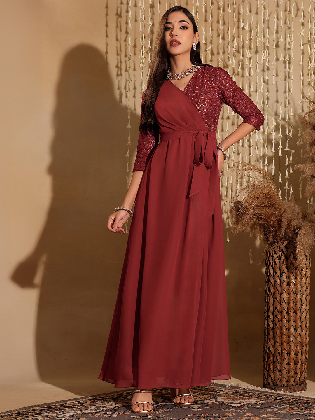 Women's Brick Red V-Neck 3/4 Sleeve Self-Designed Wrap Styled Georgette Maxi Dress