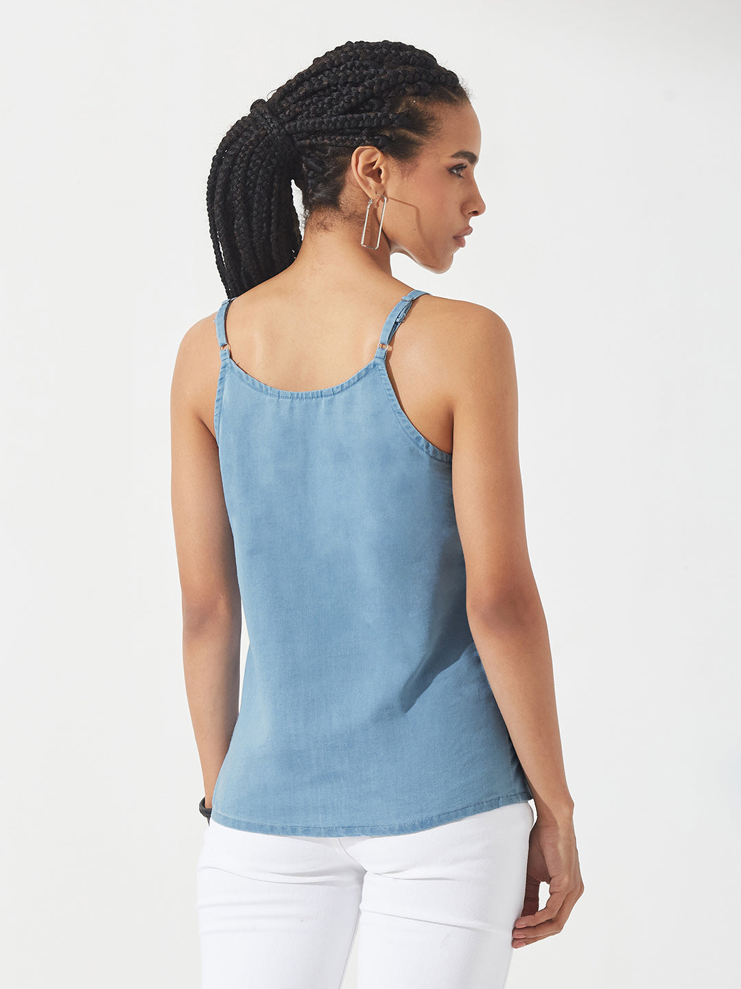 Light-Blue V Neck Sleeveless Cotton Solid Denim Spaghetti Top for Women