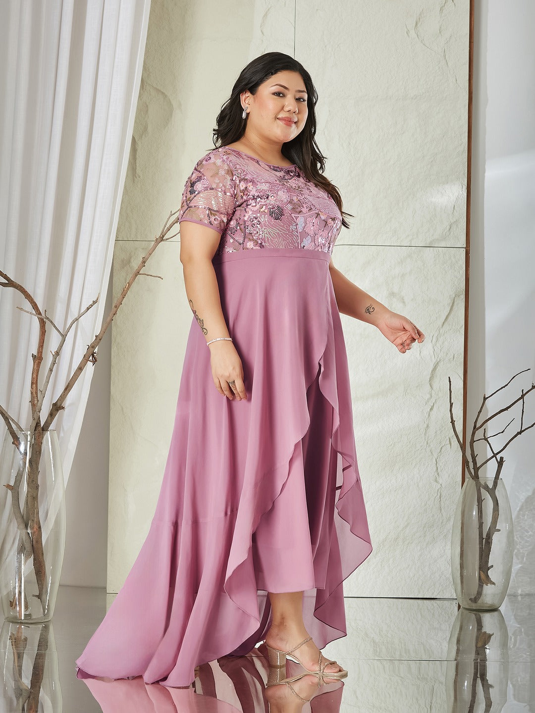 Dusty Lavender Round Neck Short Sleeve Floral Layered Georgette Midi Dress for Women