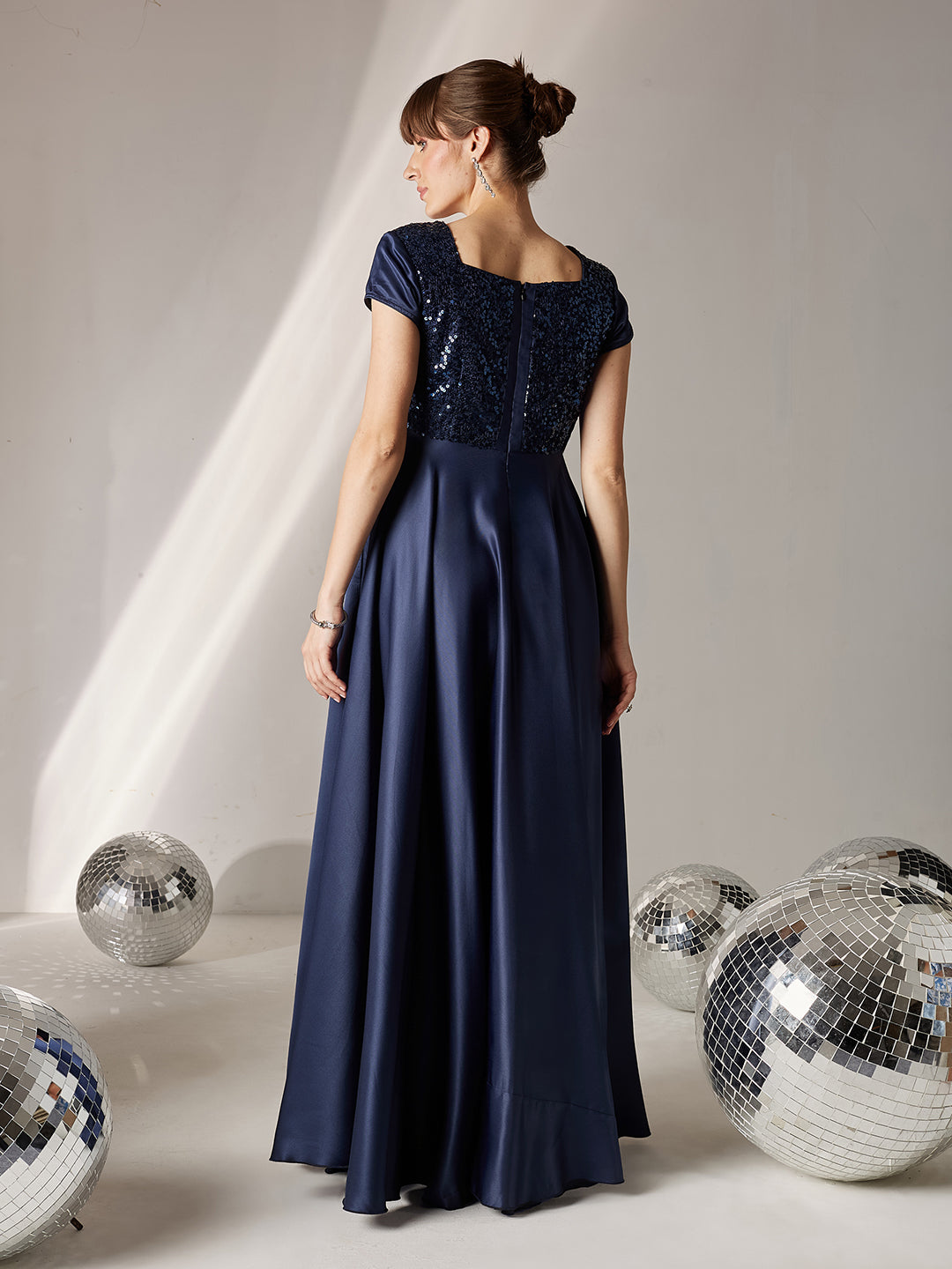 Women's Navy Blue Square Neck Short Sleeve Embellished Polyester Fit & Flare Maxi Dress