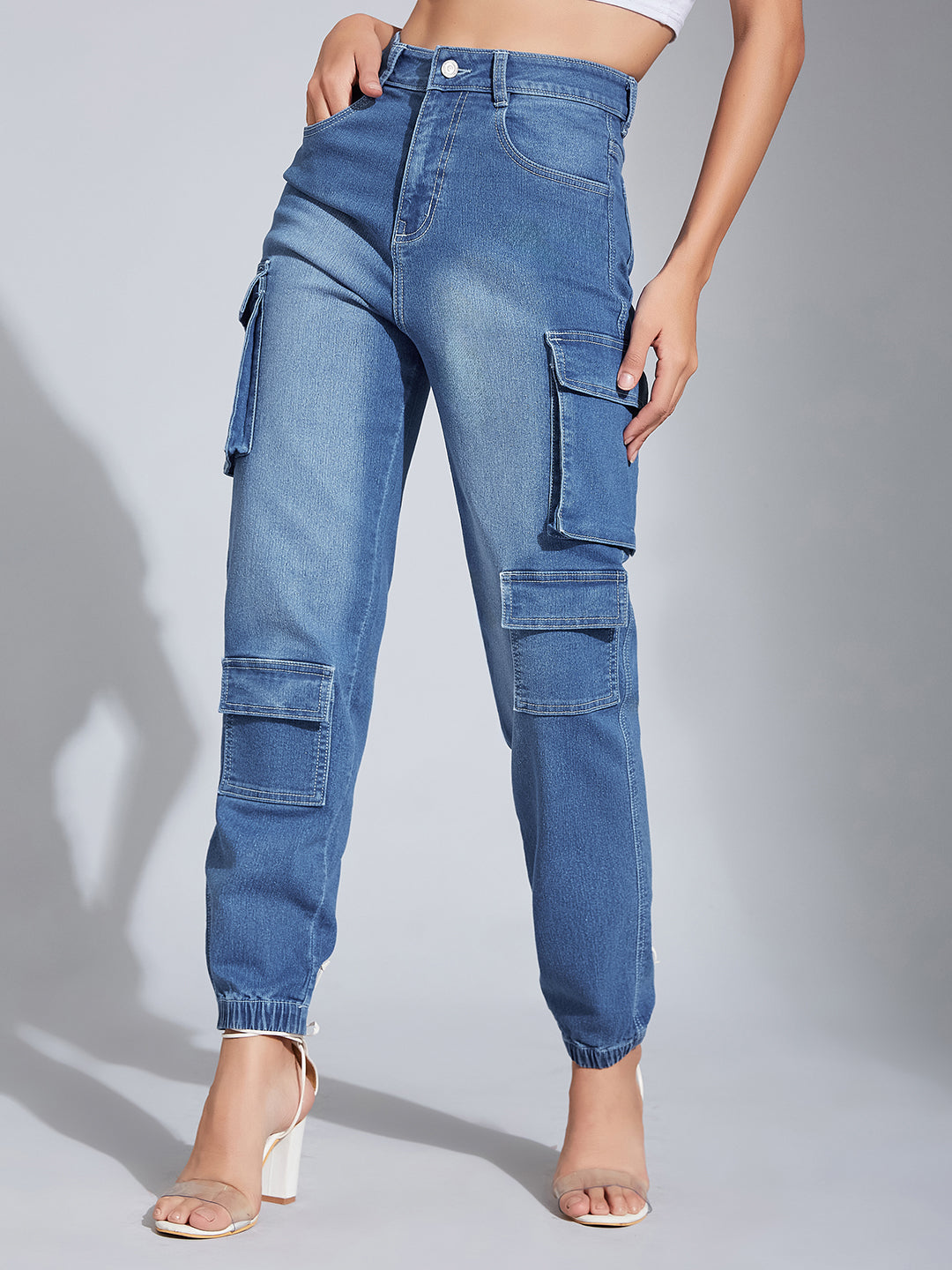 Women's Mid-Blue Regular High-Rise Regular Stretchable Denim Joggers
