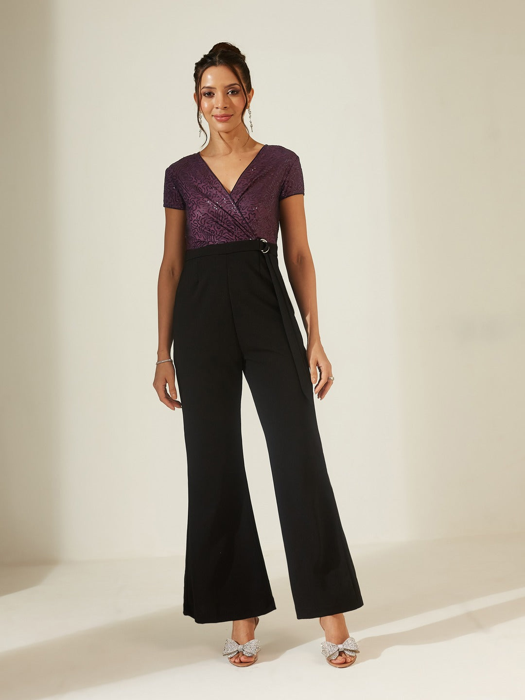 Black V-Neck Short Sleeve Embellished Wrap Regular-Length Polyester Jumpsuit for Women