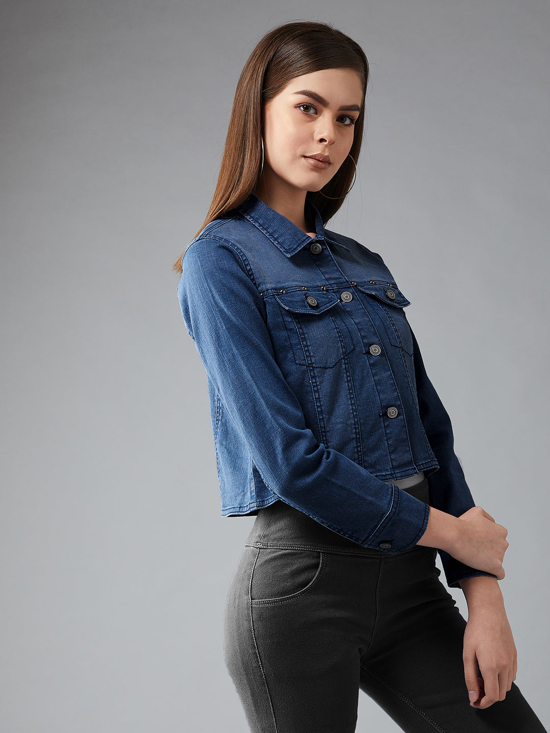 Women's Navy Blue Solid Polo Neck Full Sleeves Buttoned Denim Embellished Cropped Jacket