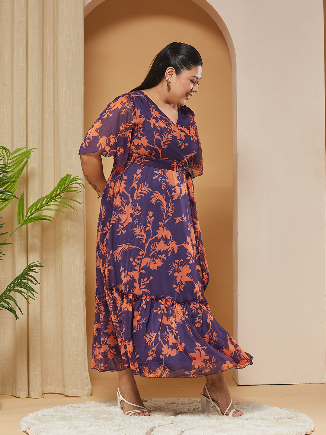 Orange & Purple Floral Wrap Chiffon Maxi Dress with Flutter-Sleeves & Frilled Hem for Women