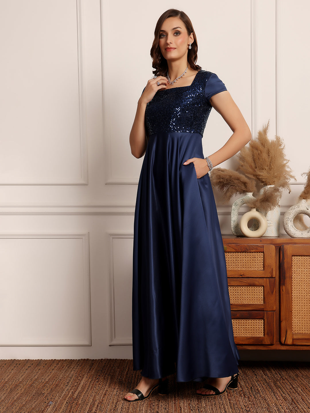 Women's Navy Blue Square Neck Short Sleeve Embellished Fit & Flare Maxi Dress
