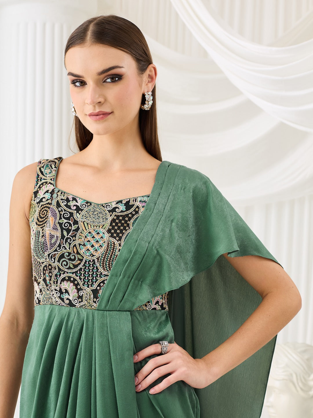 Siege Green Sweetheart Neck Sleeveless Embroidered Pleated Satin Maxi Dress for Women
