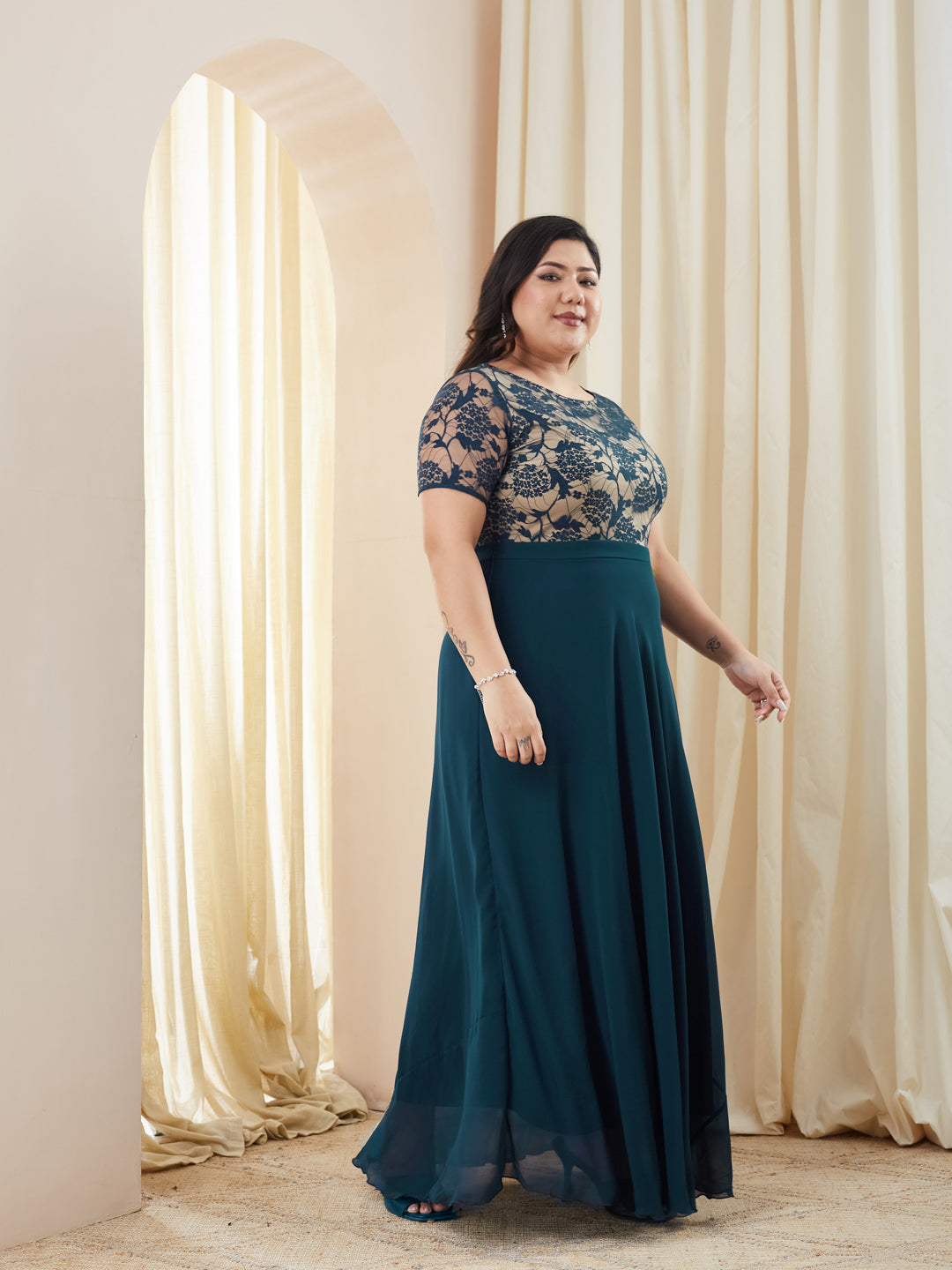 Teal Round Neck Half Sleeve Self Design Fit & Flare Georgette Maxi Dress for Women