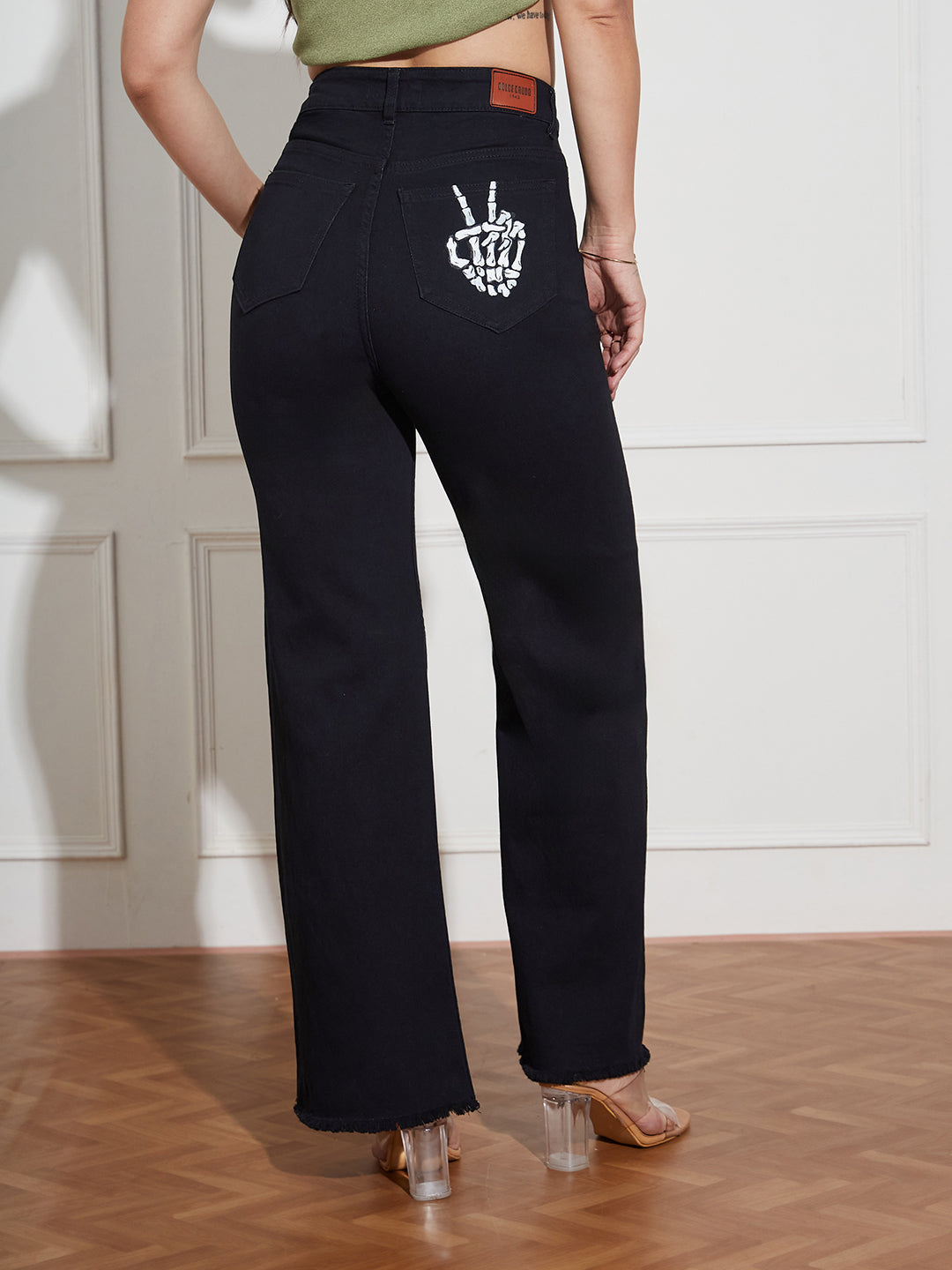 Women's Black Wide Leg High Rise Hand Painted Skeleton Art Stretchable Denim Jeans