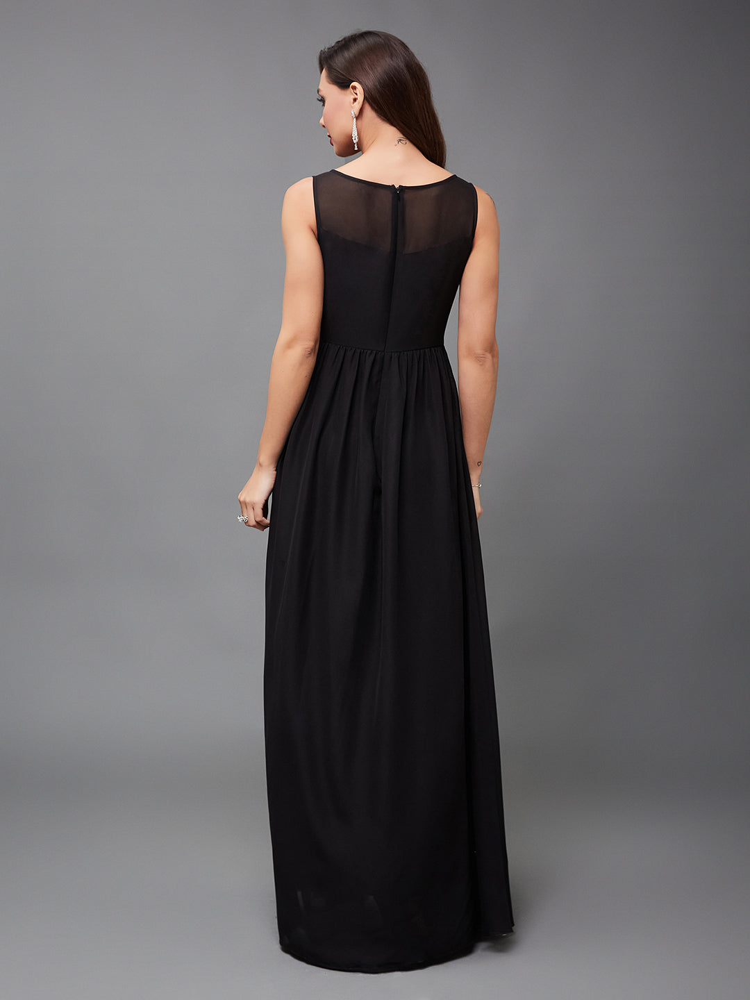 Women's Black Boat Neck Sleeveless Solid Embellished Maxi Dress