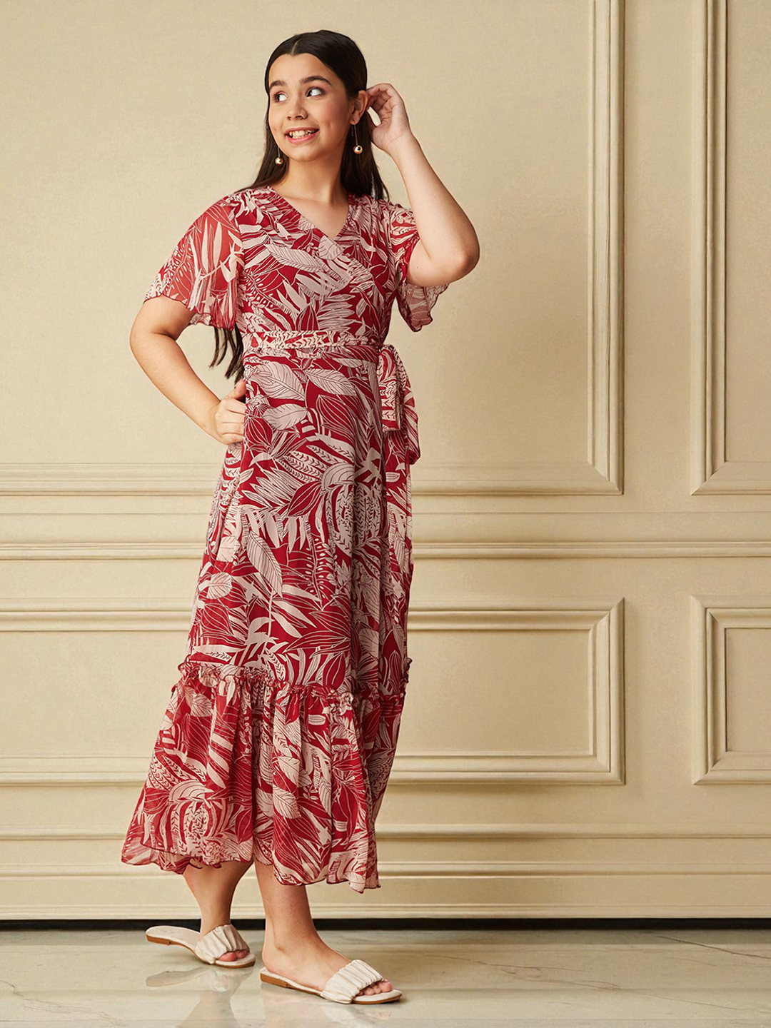 Multicolored-Base-Maroon V Neck Flared Sleeve Floral Wrap Maxi Dress for Girls/Teenagers for Women — Mizuki