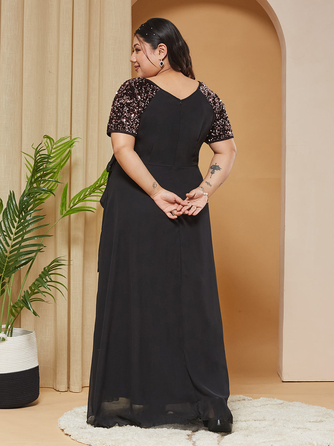 Black Half Sleeves Sequinned Fit and Flare Maxi Dress for Women