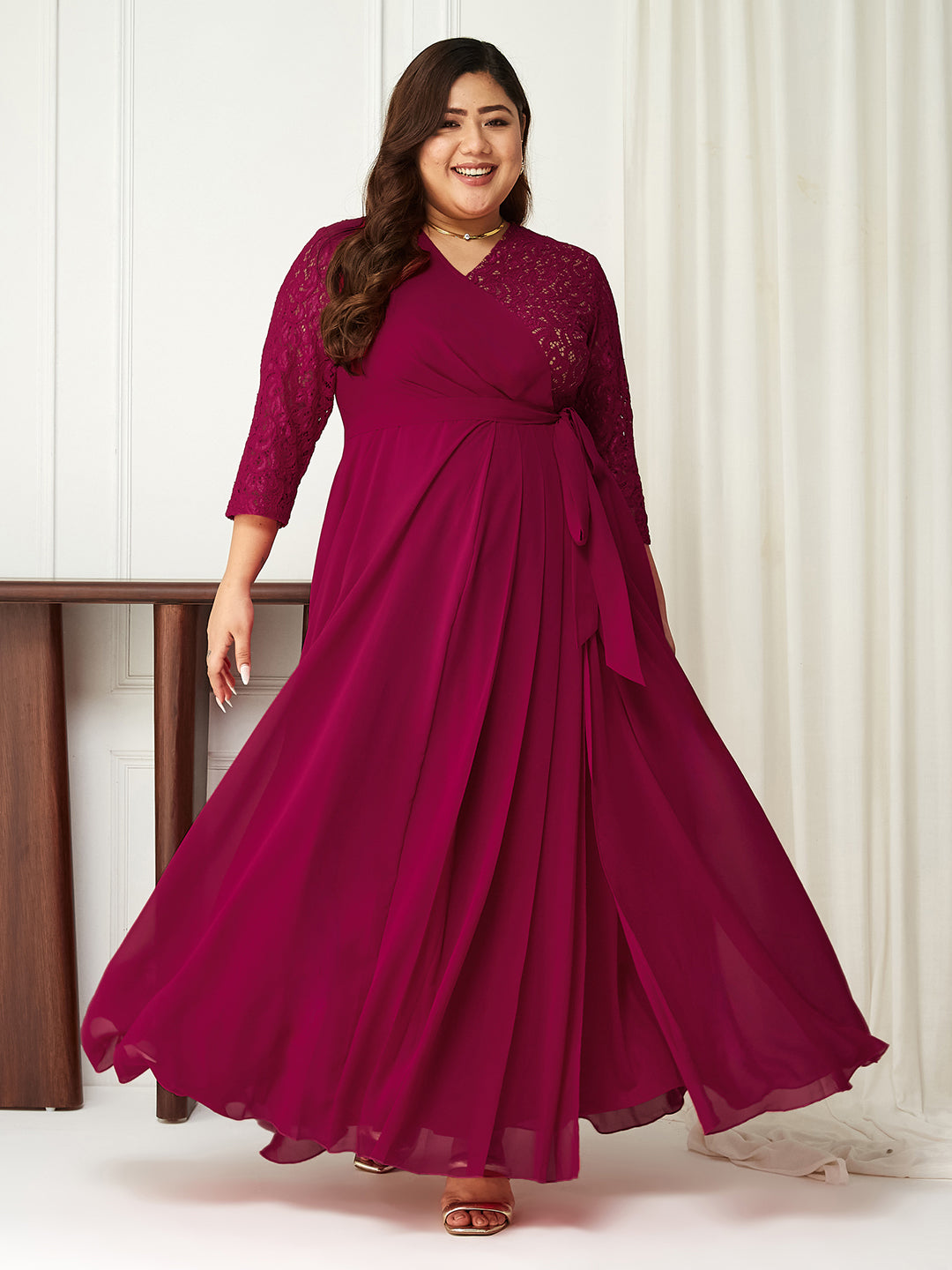 Women's Dark Pink V-Neck Three-Quarter Sleeve Wrap Maxi Georgette Dress