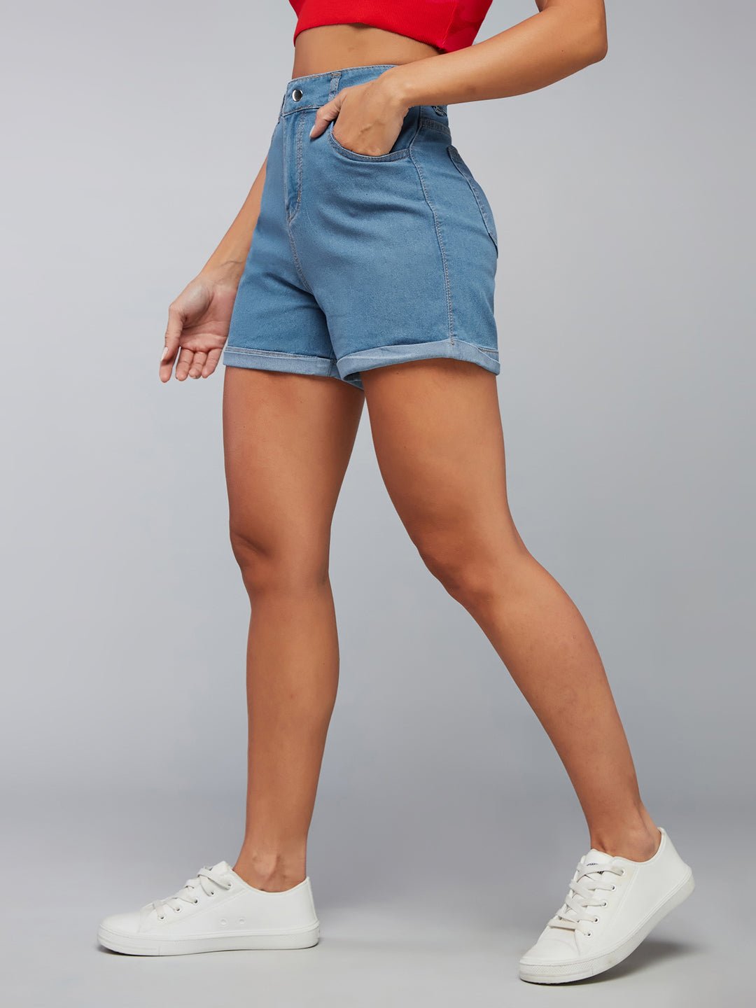 Women's Blue Relaxed Fit Clean Look Light Weight Mid Rise Denim Shorts