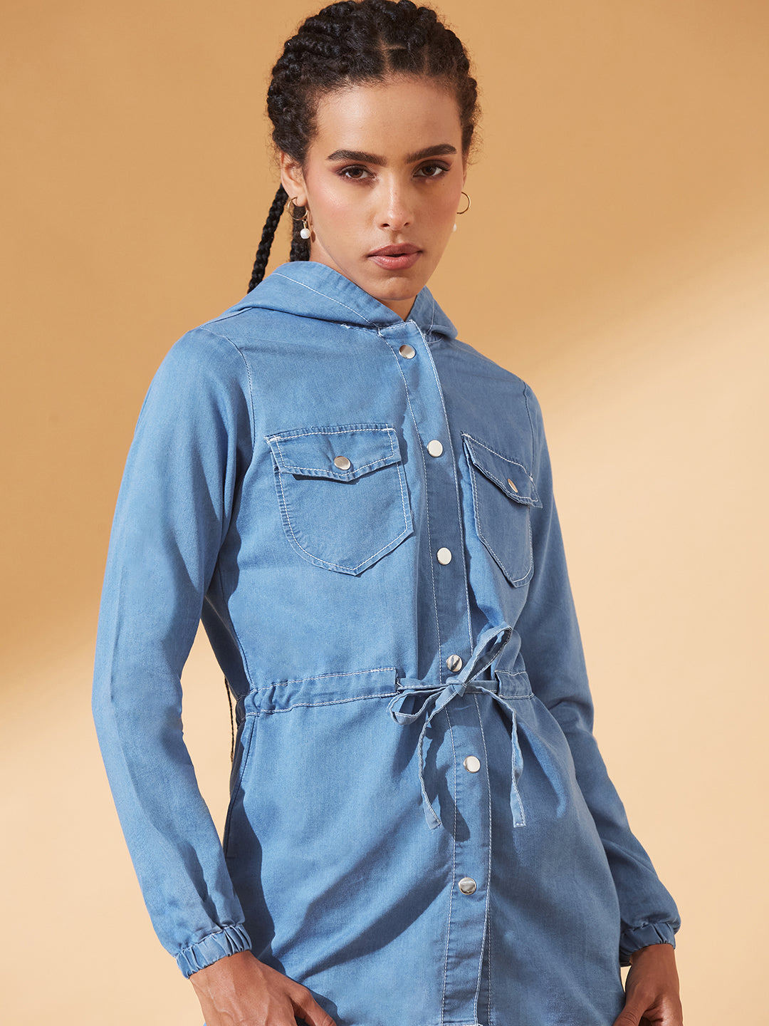 Light-Blue Round Neck Full Sleeve Solid Long hoodie with tie-up Regular Jacket for Women