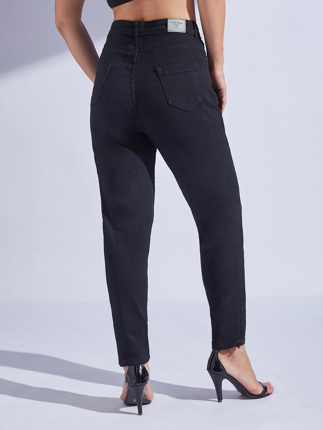 Women's Black High-Rise Regular-Length Stretchable Denim Mom's Jeans