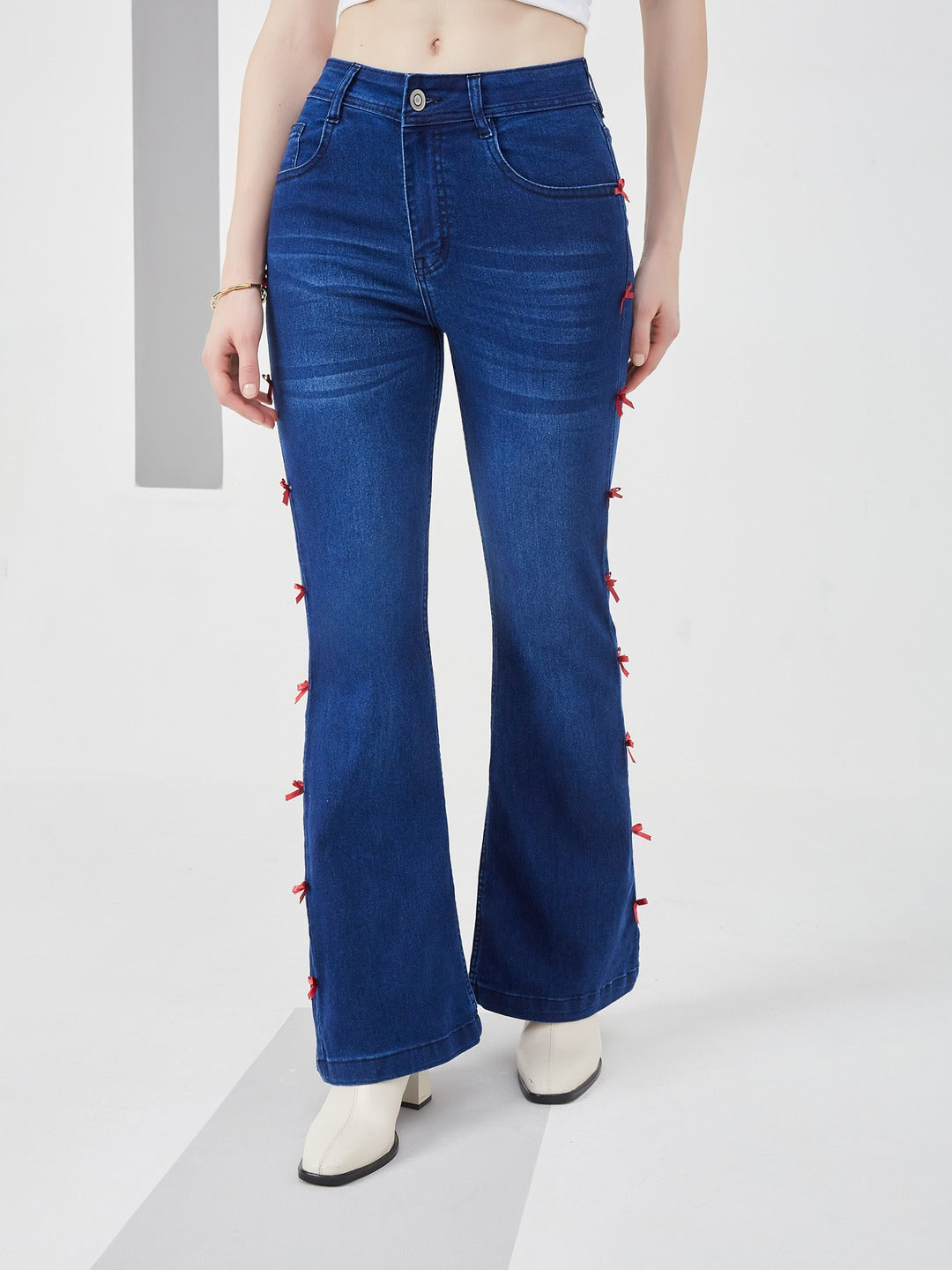 Navy Blue High-Rise dark red satin bows stitched along side seams , Stretchable Bootcut Denim Jeans for Women