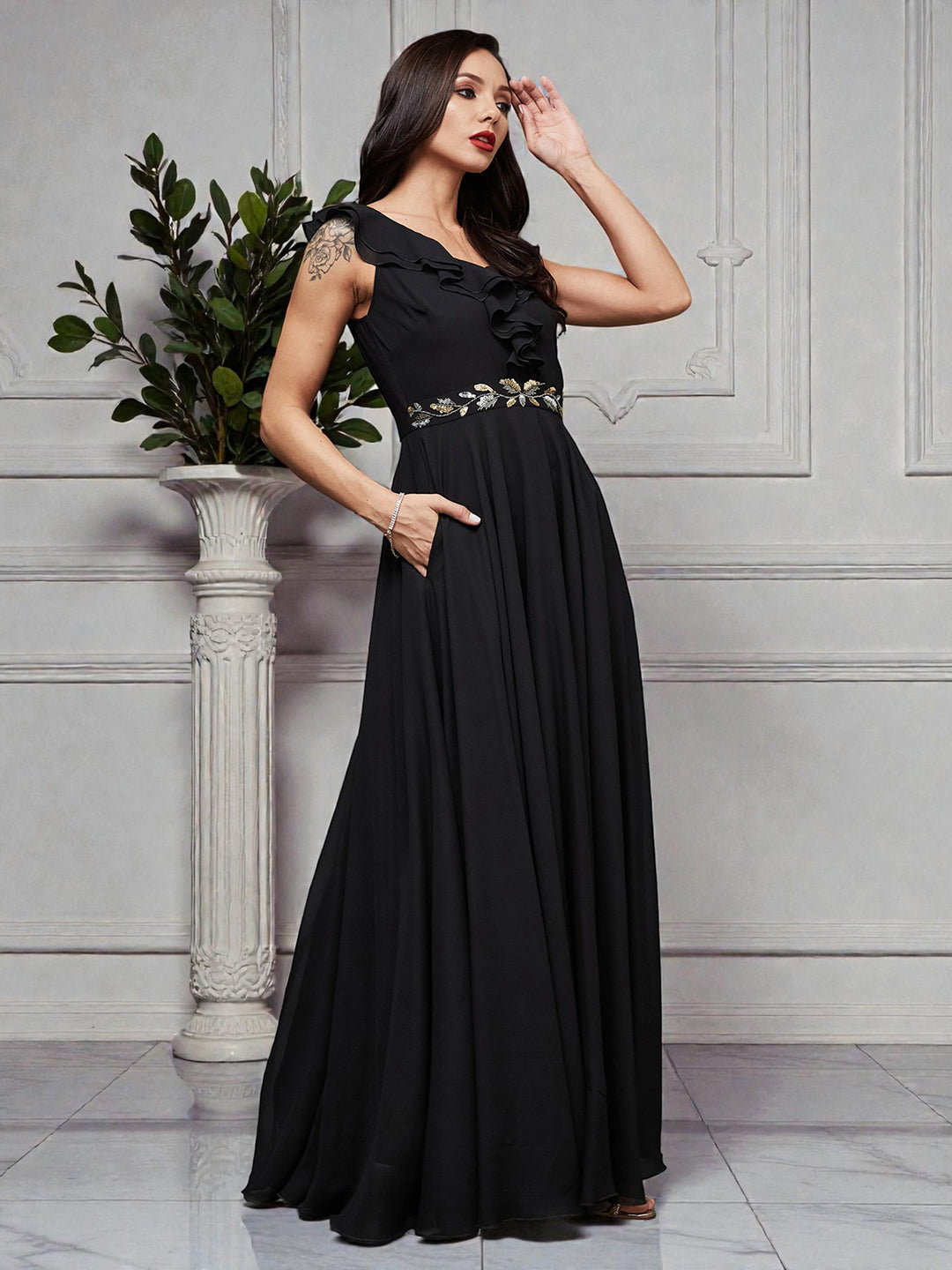 Women's Black Sleeveless Embroidered Ruffled Georgette Maxi Dress