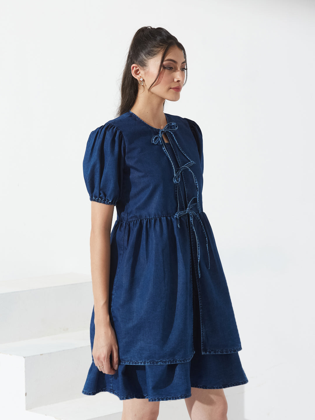 Navy Blue Round Neck Puff Sleeve Tie-Up Knee-Length Denim Dress For Women