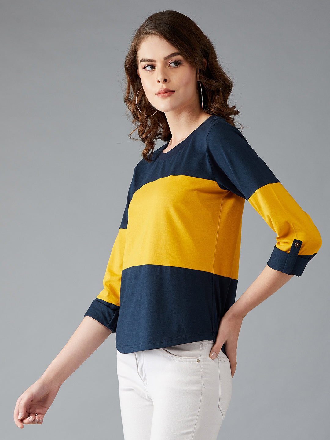 Women's Navy Blue and Mustard Round Neck Full Sleeve Solid Paneled Regular T-Shirt