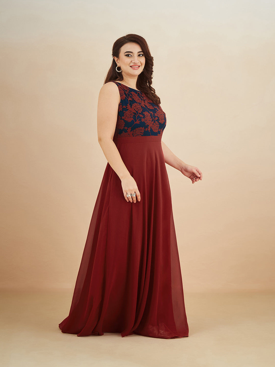 Maroon & Teal Boat-Neck Sleeveless Self Design Lace Overlaid Maxi Dress for Women — Miss Chase A+