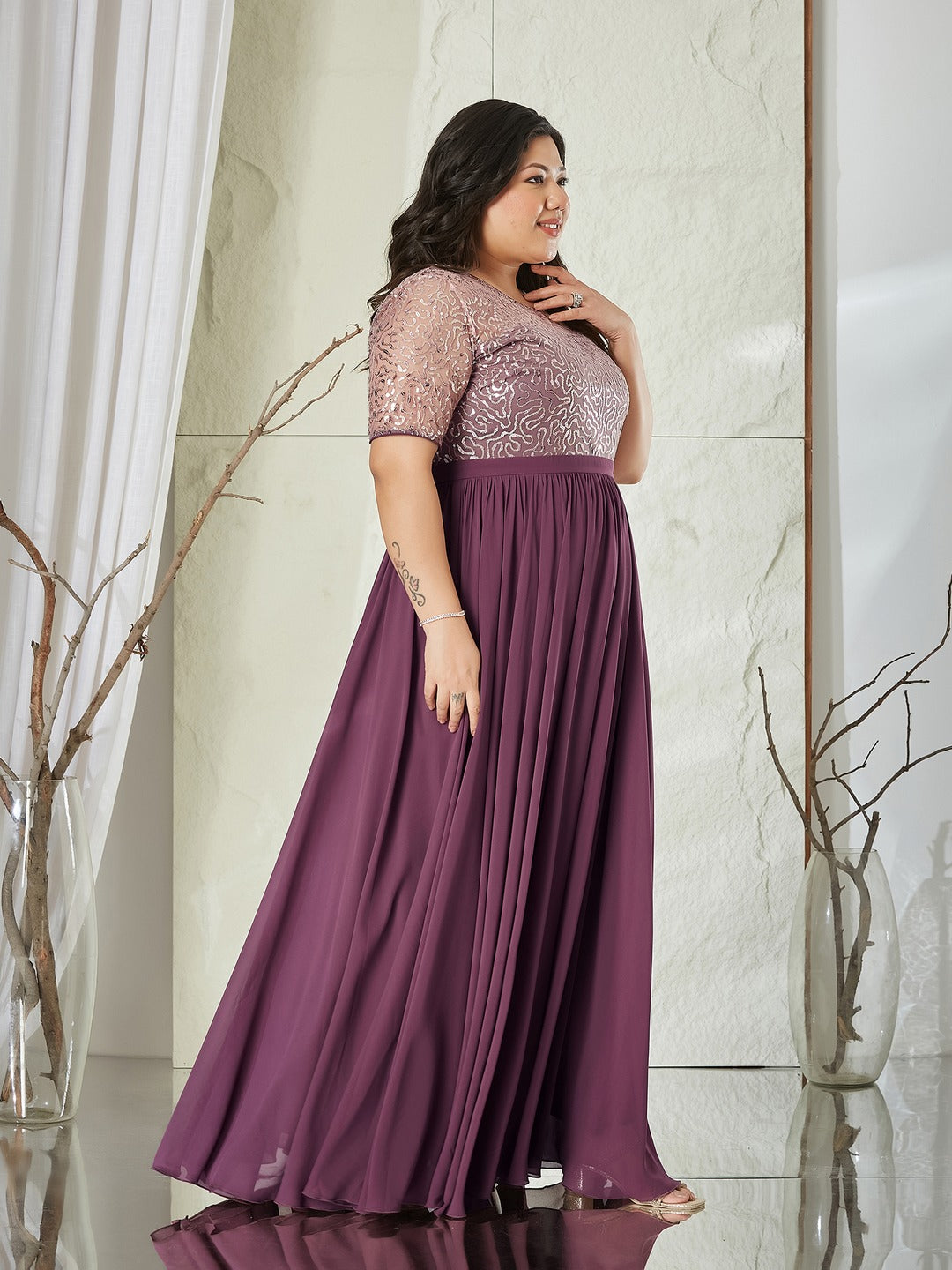 Mauve Relaxed Fit Maxi Georgette & Sequins Dress for Women