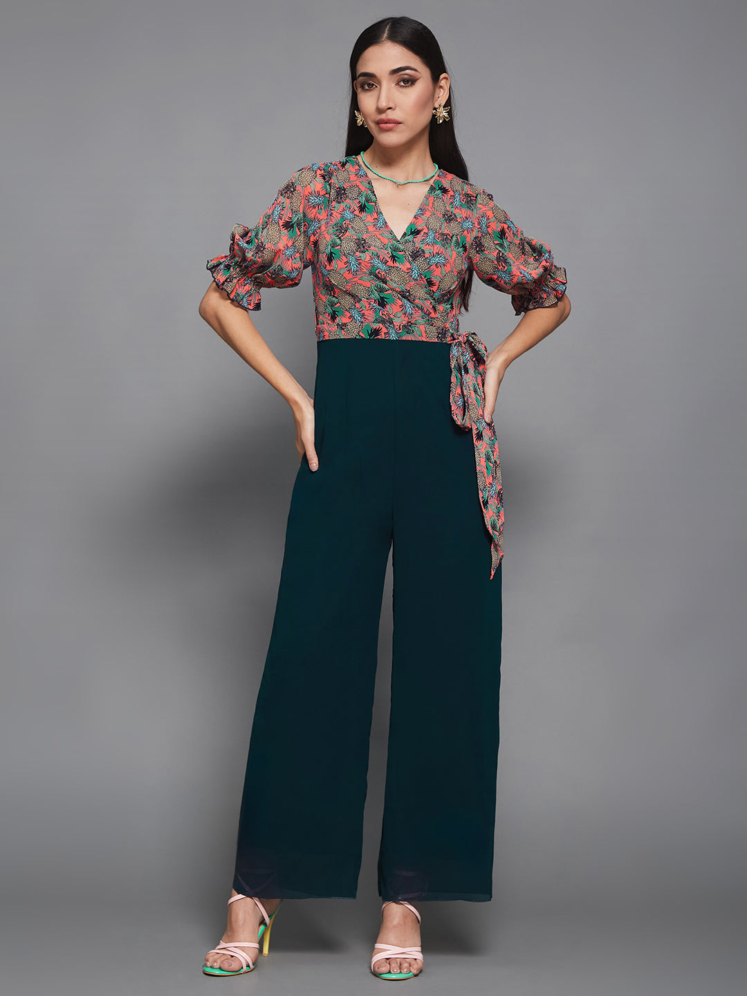 Women's Multicolored V-Neck Half Sleeve Tropical Wrap-Styled Regular-Length Georgette Jumpsuit