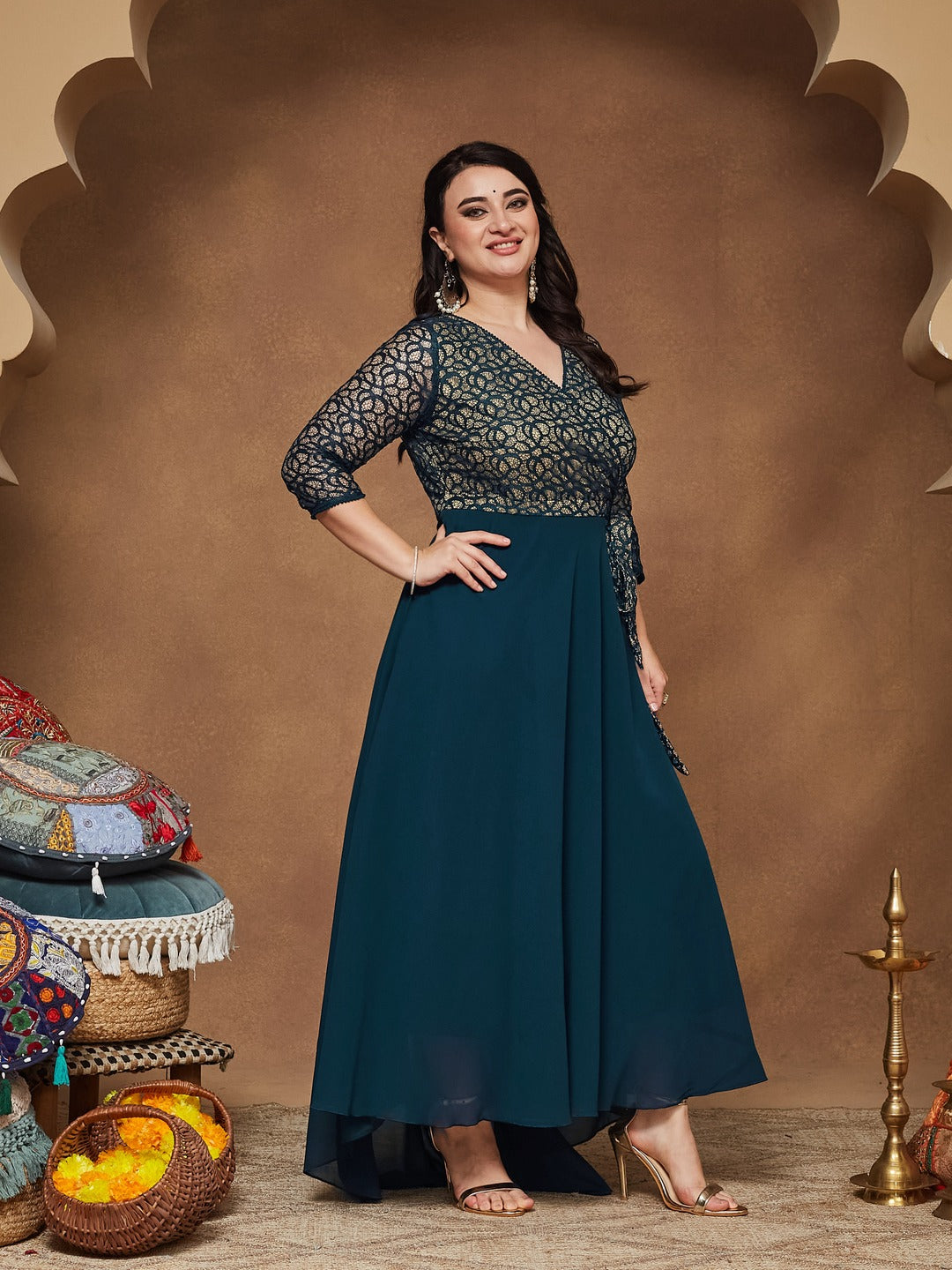 Teal Floral Printed Relaxed Fit V-Neck 3/4th Sleeve Maxi Dress  for Women — Miss Chase A+