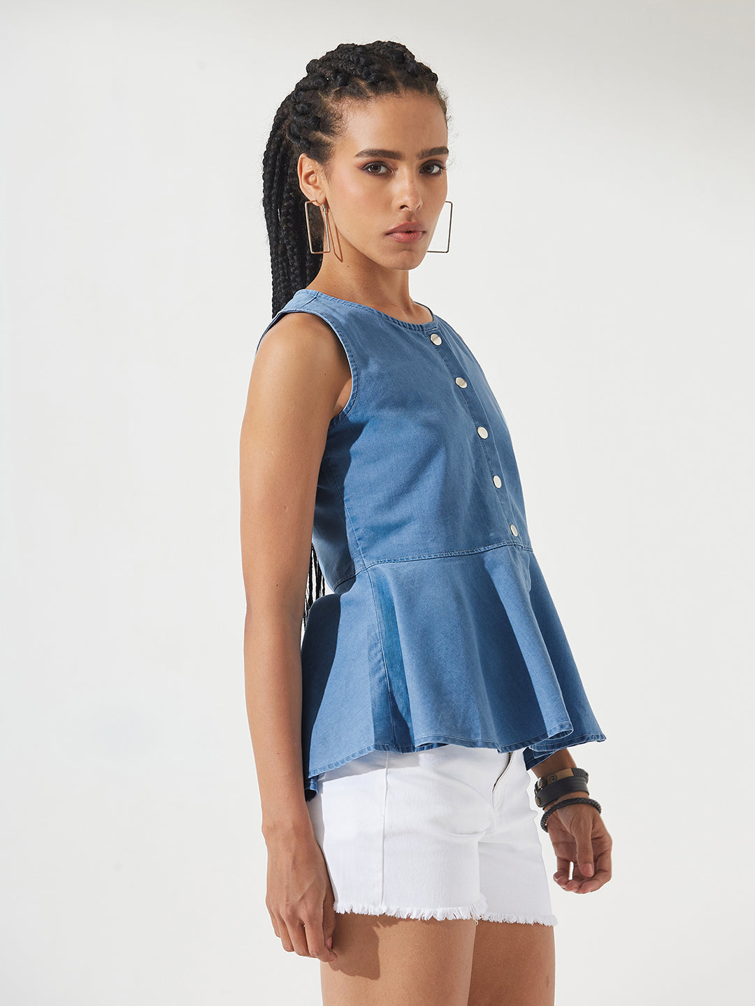 Blue Round Neck Sleeveless Denim Front Open Solid Hooded Peplum Top for Women