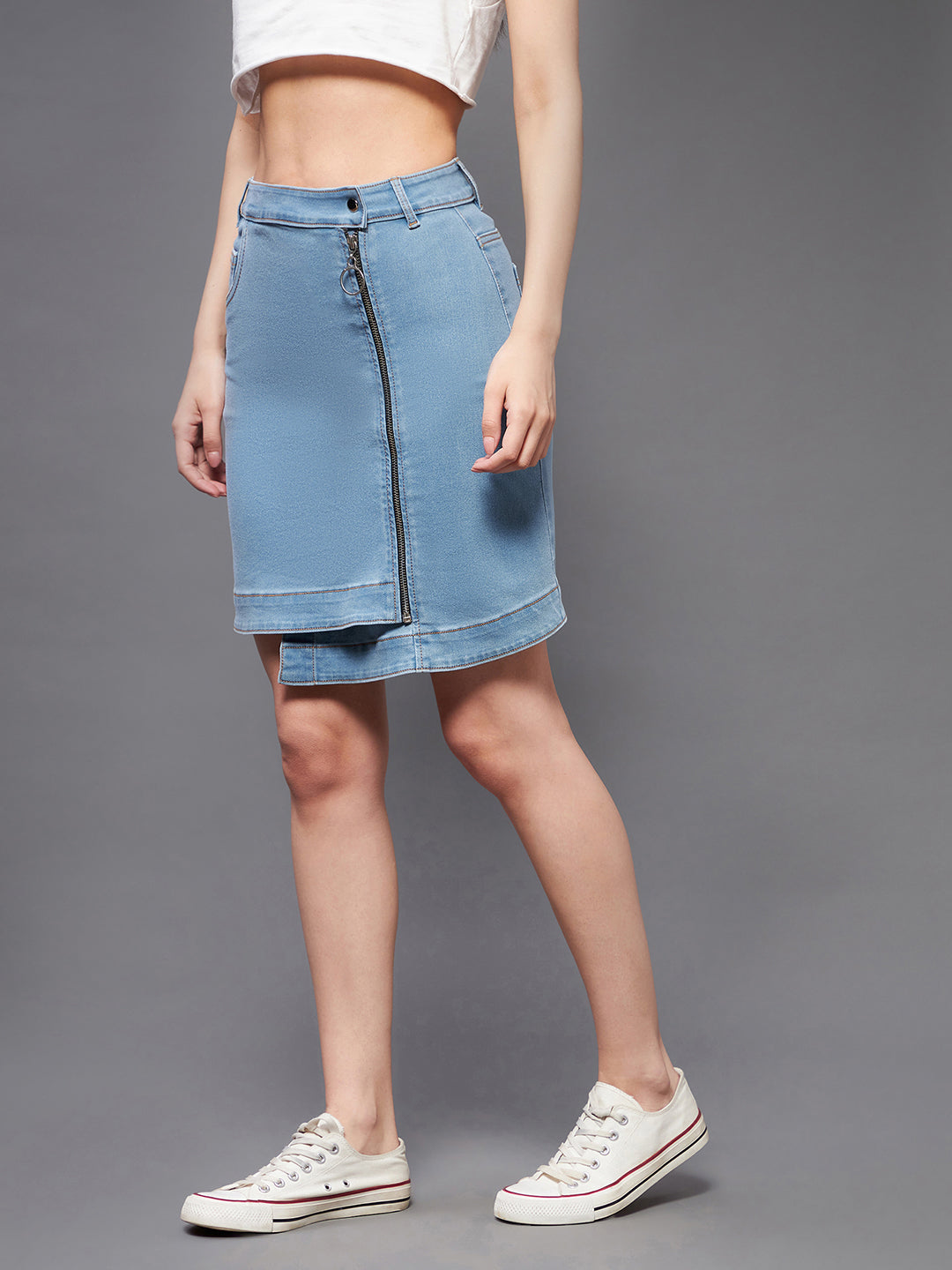 Women's Light Blue Regular High rise Clean look Above Knee Stretchable Denim Skirt