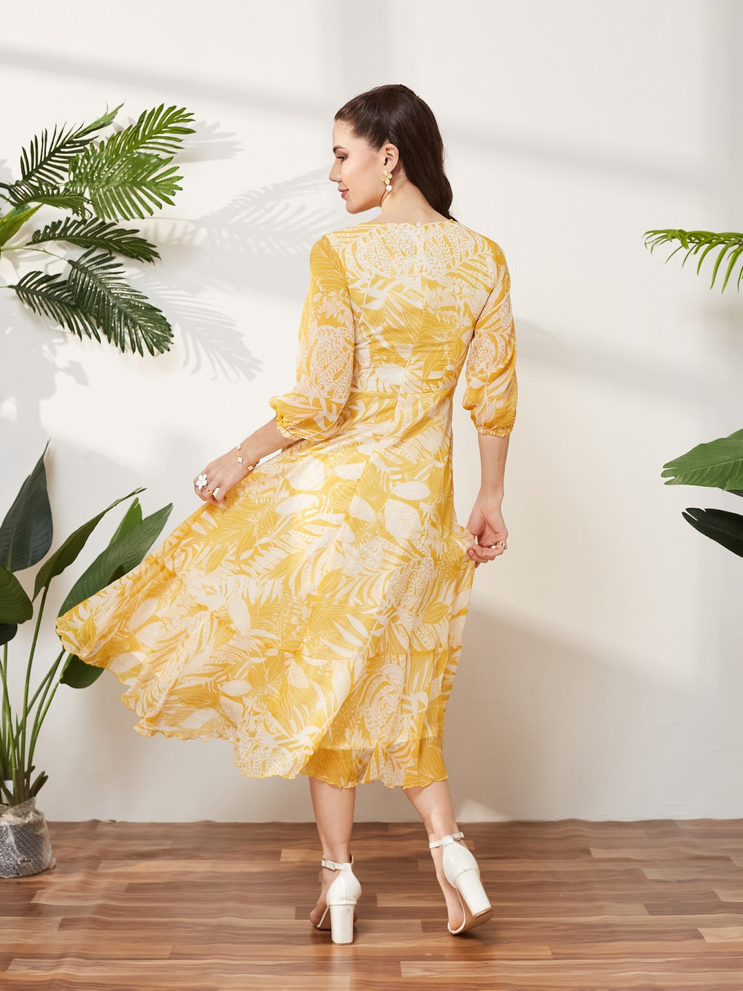 Yellow & White V neck Full sleeve Floral Layered Maxi Dress for Women