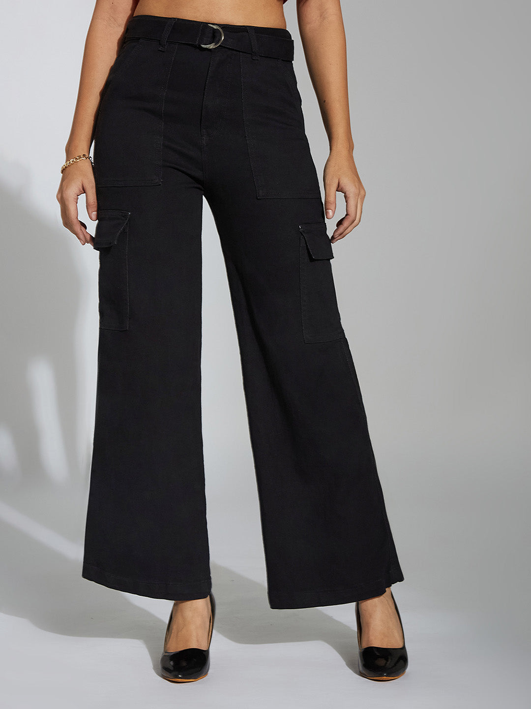 Women's Black Wide leg High rise Clean look Regular Stretchable Denim Jeans