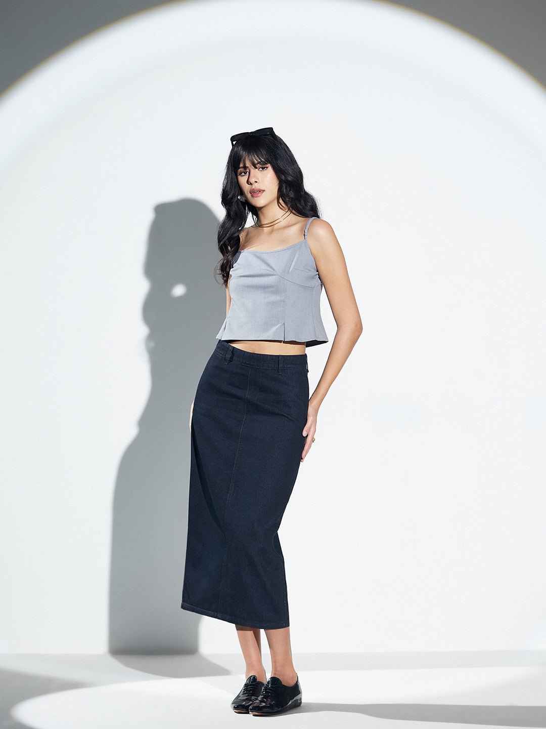 Black High-Rise Straight Fit Denim Midi Skirt with Zip Closure & Back Slit For Women