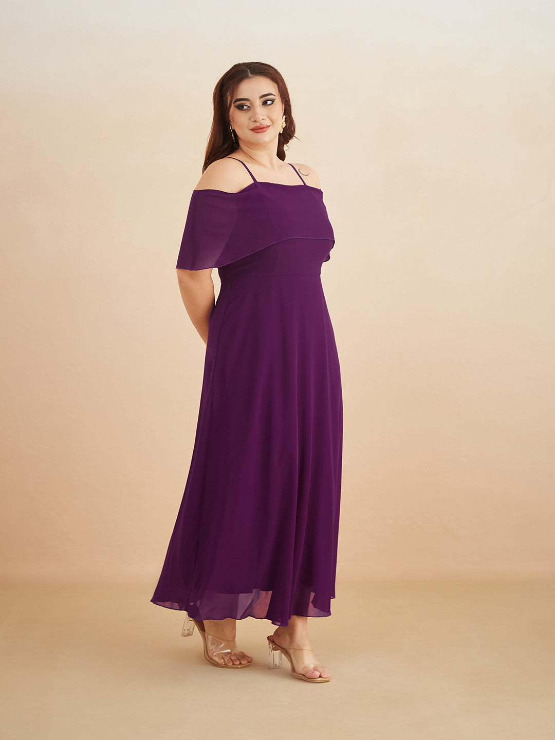 Purple Bardot Style Sleeveless Spaghetti Strap Solid Off Shoulder Midi Skater Dress for Women