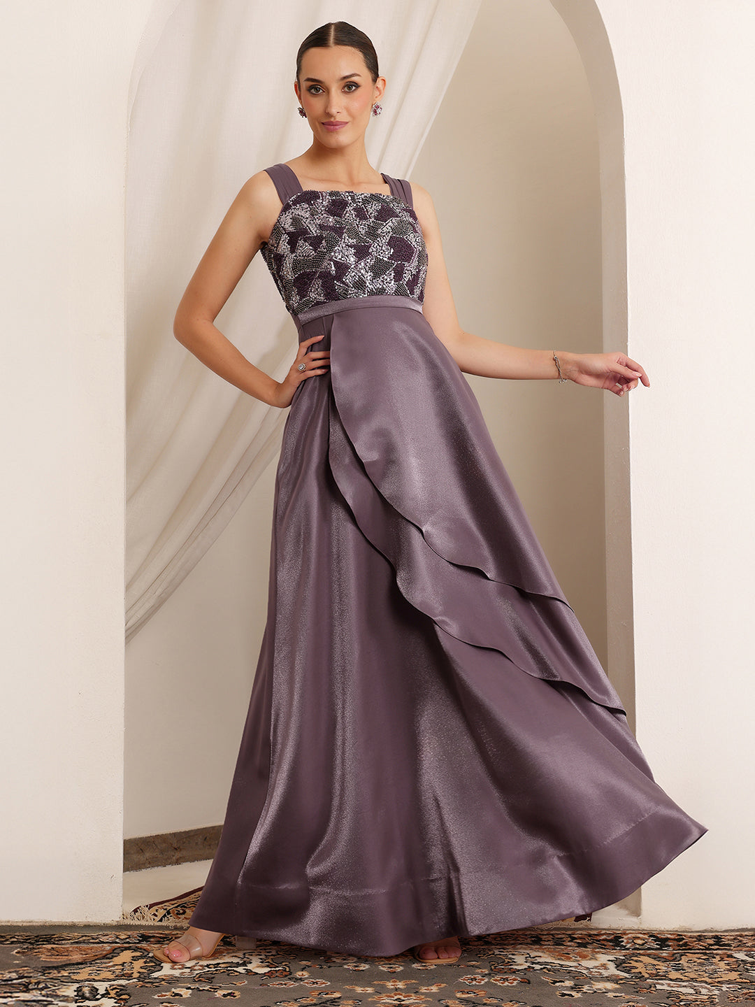 Women's Dusty Purple Square Neck Sleeveless Embellished Layered Satin Maxi Dress