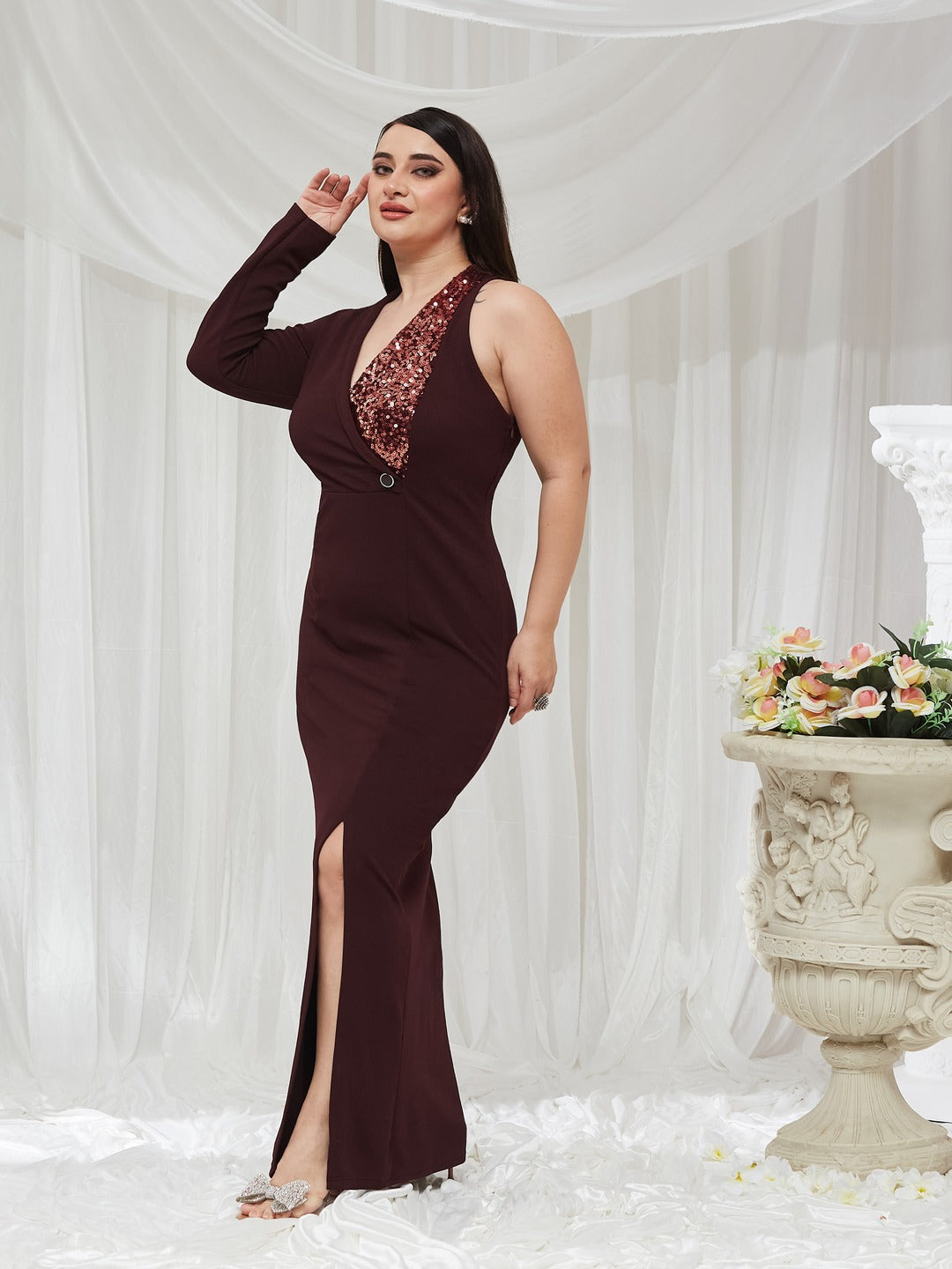 Wine V Neck Asymmetric Sleeve Embellished Blazer Maxi Dress for Women — Miss Chase A+