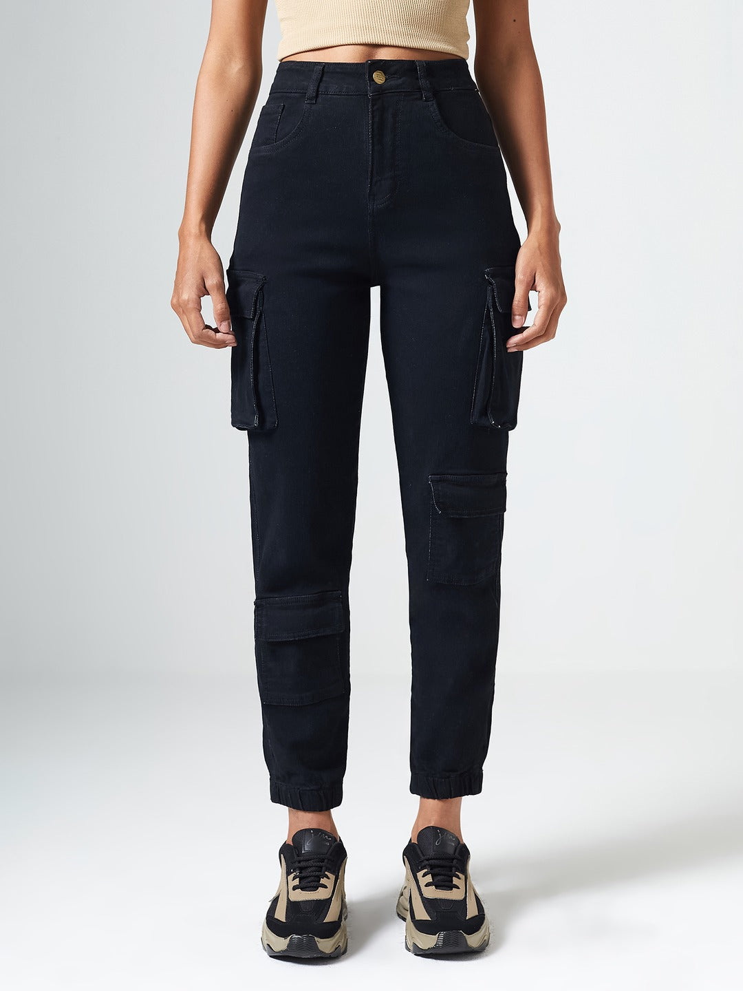 Black Regular High Rise Clean Look Regular Stretchable Denim Joggers for Women