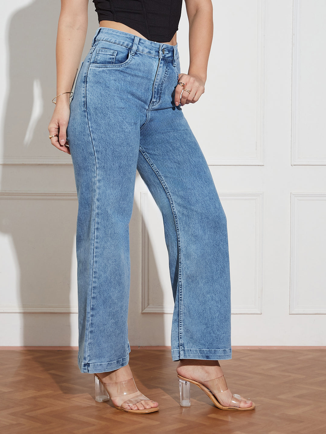 Women's Light Blue Wide-Leg High Rise Clean Look Regular Stretchable Denim Jeans