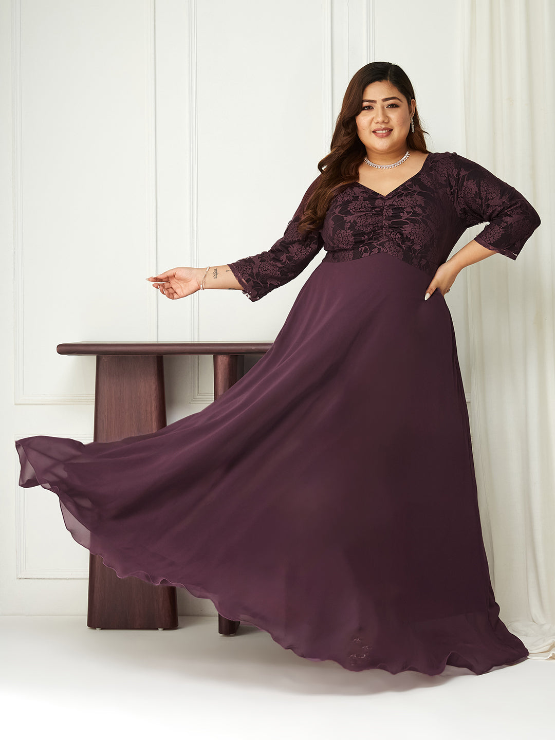 Women's Mauve V-Neck Raglan-Sleeve Self-Designed Empire-Styled Georgette Maxi Dress